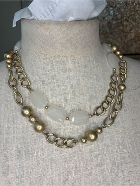 Lia Sophia Double Strand Matte Gold Chain White Faceted Bead Necklace